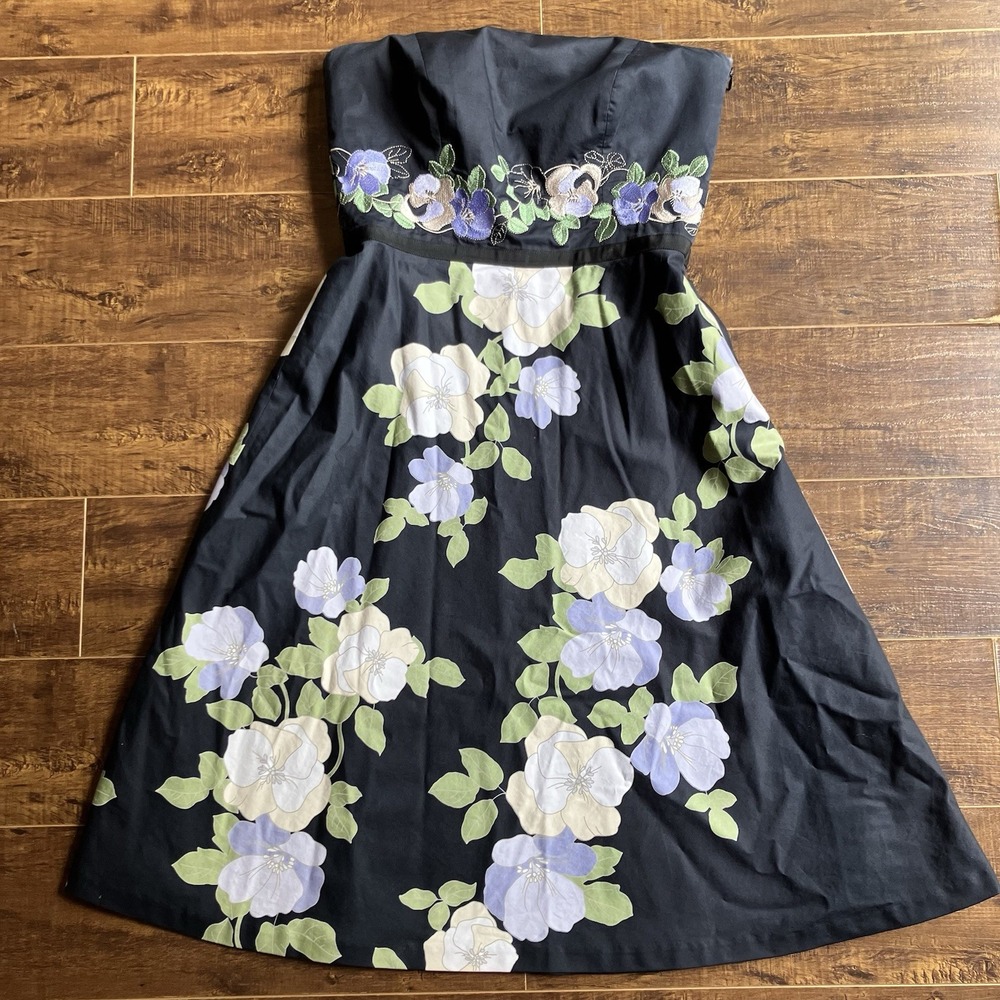 Ann Taylor LOFT Strapless Floral Dress Size 2 Black Purple Floral Embroidered
